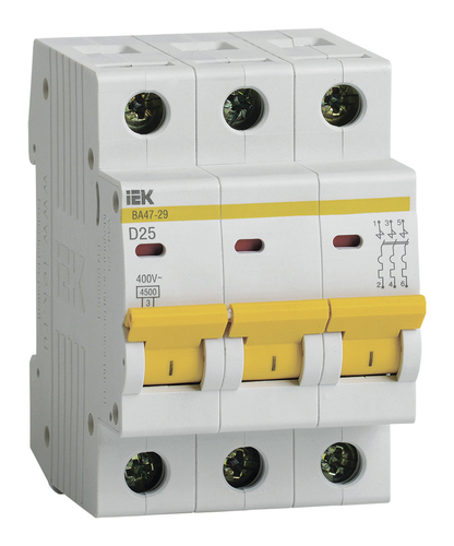 Автоматический выключатель IEK ВА47-29 3P 25А (D) 4.5кА, MVA20-3-025-D