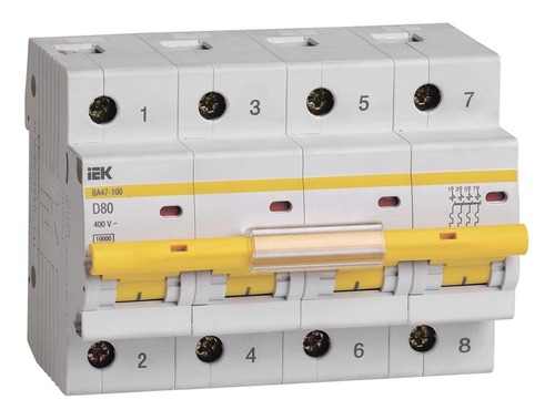 Автоматический выключатель IEK ВА47-100 4P 80А (D) 10кА, MVA40-4-080-D