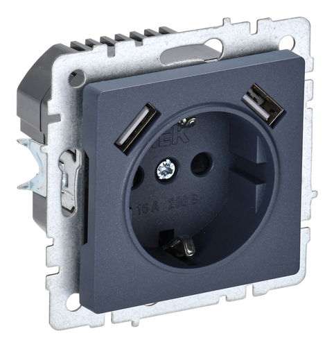 Розетка с 2xUSB IEK BRITE, скрытый монтаж, с заземлением, со шторками, маренго, BR-R14-16-U21-D21-K35