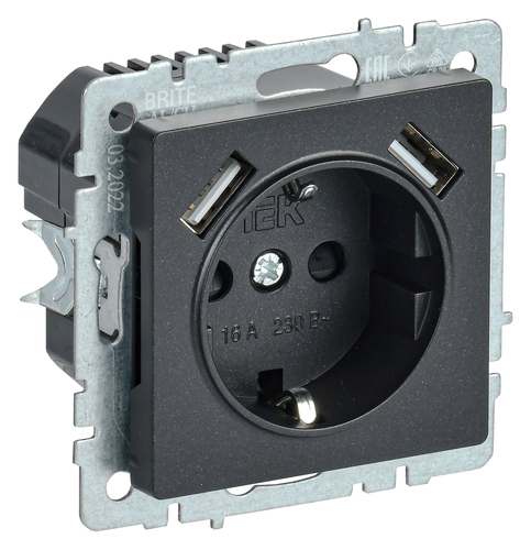 Розетка с 2xUSB IEK BRITE, скрытый монтаж, с заземлением, со шторками, черный, BR-R14-16-U21-D21-K02