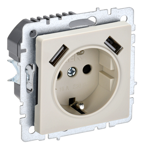Розетка с 2xUSB IEK BRITE, скрытый монтаж, с заземлением, со шторками, бежевый, BR-R14-16-U21-D31-K10