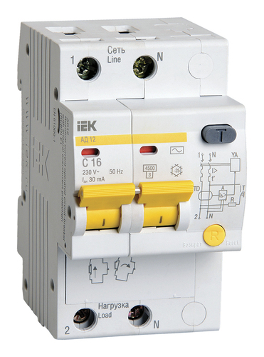 Дифавтомат IEK АД12 2P 16А (B) 4.5 кА, 30 мА (AC), MAD10-2-016-B-030