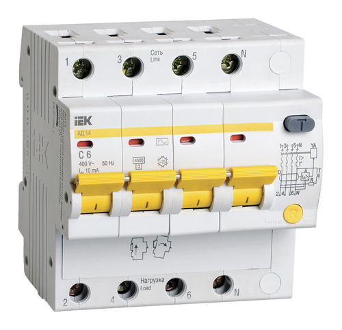 Дифавтомат IEK АД14 4P 6А (C) 4.5 кА, 10 мА (AC), MAD10-4-006-C-010