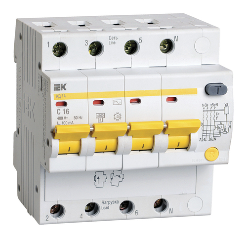 Дифавтомат IEK АД14 4P 16А (C) 4.5 кА, 100 мА (AC), MAD10-4-016-C-100