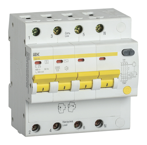 Дифавтомат IEK АД14S 4P 25А (C), 300 мА (S), MAD13-4-025-C-300