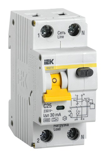 Дифавтомат IEK АВДТ 32 1P+N 25А (C) 6 кА, 30 мА (A), MAD22-5-025-C-30
