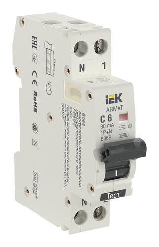 Дифавтомат IEK ARMAT 1P+N 6А (C) 6 кА, 30 мА (AC), AR-B06S-1N-C06C030