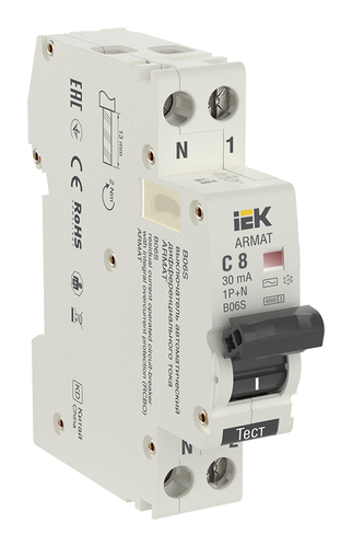 Дифавтомат IEK ARMAT 1P+N 8А (C) 6 кА, 30 мА (AC), AR-B06S-1N-C08C030