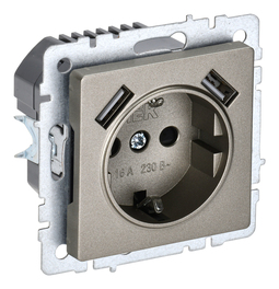 Розетка с 2xUSB IEK BRITE, скрытый монтаж, с заземлением, со шторками, шампань, BR-R14-16-U21-D21-K37