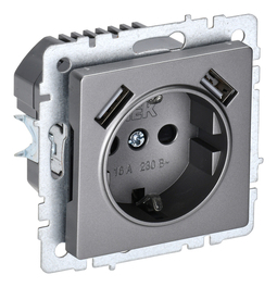 Розетка с 2xUSB IEK BRITE, скрытый монтаж, с заземлением, со шторками, сталь, BR-R14-16-U21-D21-K46