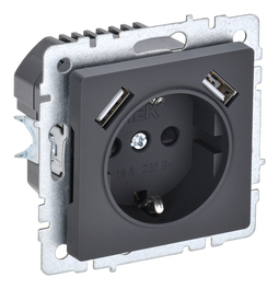 Розетка с 2xUSB IEK BRITE, скрытый монтаж, с заземлением, со шторками, графит, BR-R14-16-U21-D21-K53
