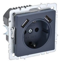 Розетка с 2xUSB IEK BRITE, скрытый монтаж, с заземлением, со шторками, маренго, BR-R14-16-U21-D21-K35