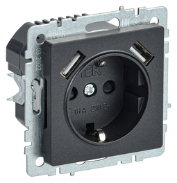 Розетка с 2xUSB IEK BRITE, скрытый монтаж, с заземлением, со шторками, черный, BR-R14-16-U21-D21-K02