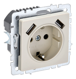 Розетка с 2xUSB IEK BRITE, скрытый монтаж, с заземлением, со шторками, бежевый, BR-R14-16-U21-D31-K10