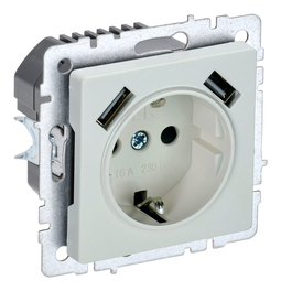 Розетка с 2xUSB IEK BRITE, скрытый монтаж, с заземлением, со шторками, жемчуг, BR-R14-16-U21-D31-K36