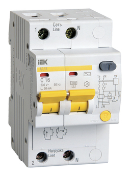 Дифавтомат IEK АД12 2P 16А (B) 4.5 кА, 30 мА (AC), MAD10-2-016-B-030