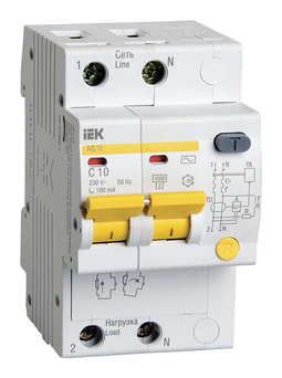 Дифавтомат IEK АД12 2P 10А (C) 4.5 кА, 100 мА (AC), MAD10-2-010-C-100