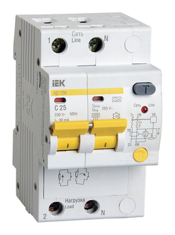 Дифавтомат IEK АД12М 2P 25А (C) 4.5 кА, 30 мА (A), MAD12-2-025-C-030