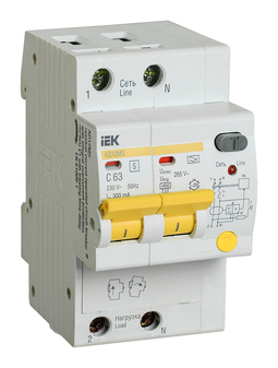 Дифавтомат IEK АД12MS 2P 63А (C), 300 мА (A S), MAD123-2-063-C-300