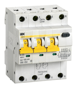 Дифавтомат IEK АВДТ 34 3P+N 25А (C) 6 кА, 100 мА (A), MAD22-6-025-C-100