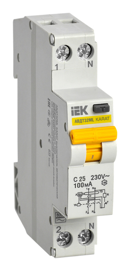 Дифавтомат IEK KARAT 1P+N 25А (C), 100 мА (AC), MVD12-1-025-C-100